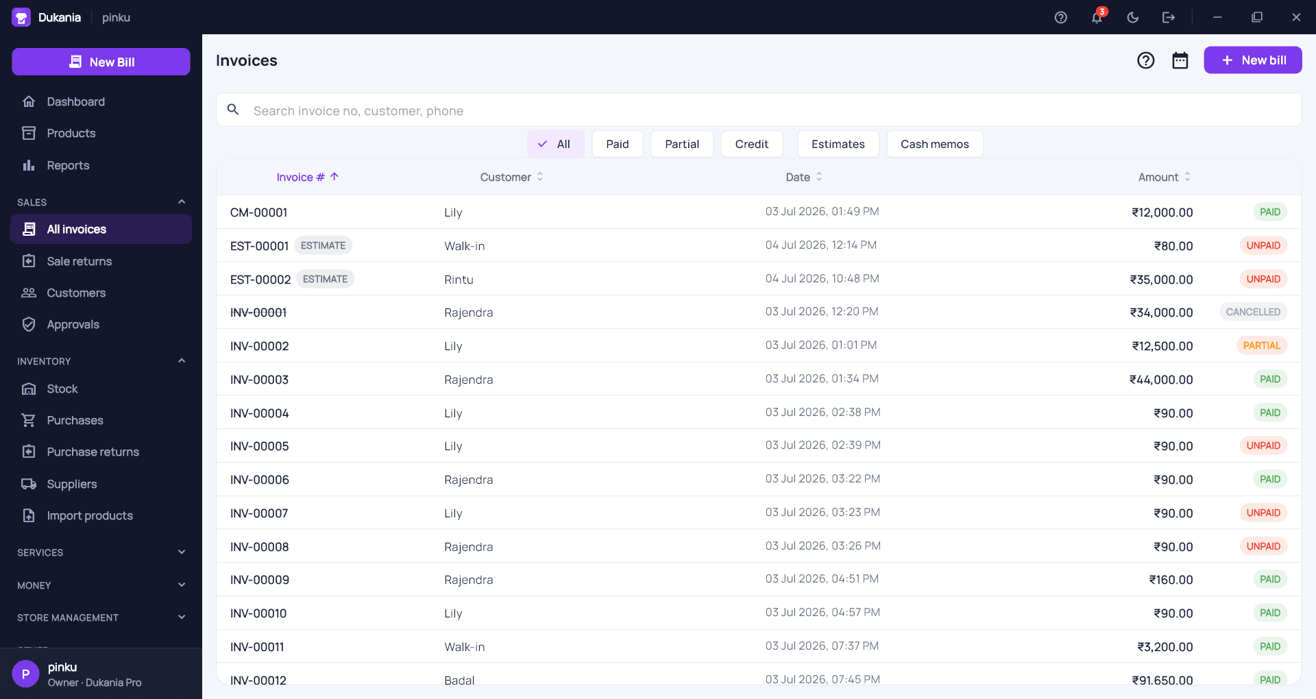 Dukania invoice list filtered by paid, partial, credit, estimates and cash memos