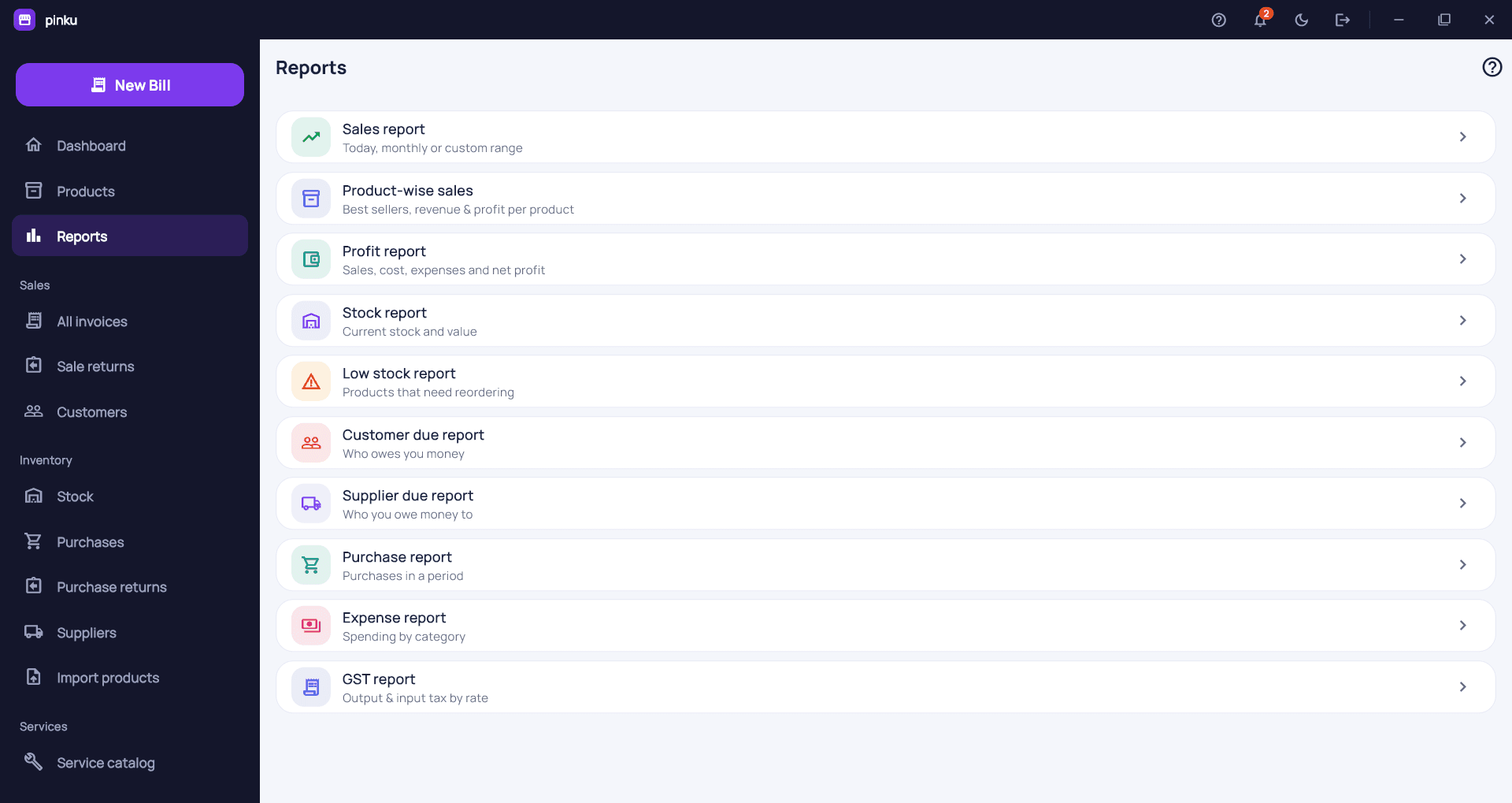 Dukania reports menu listing sales, profit, stock, low stock, customer due and GST reports
