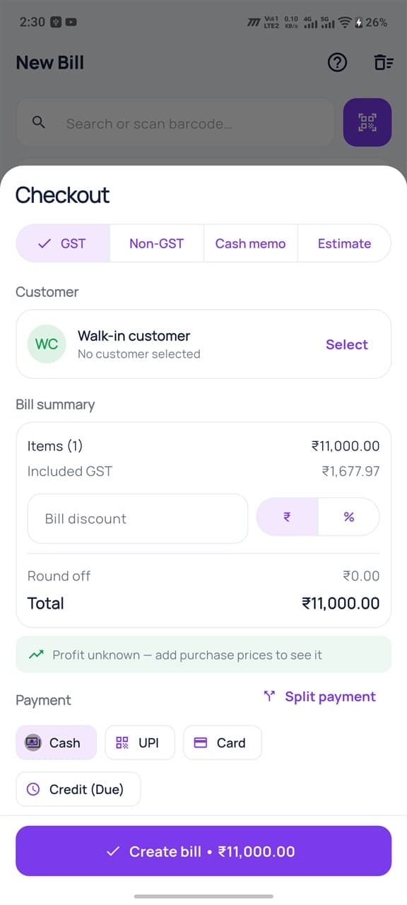 Dukania mobile checkout with GST, bill discount, payment modes and the Create bill button