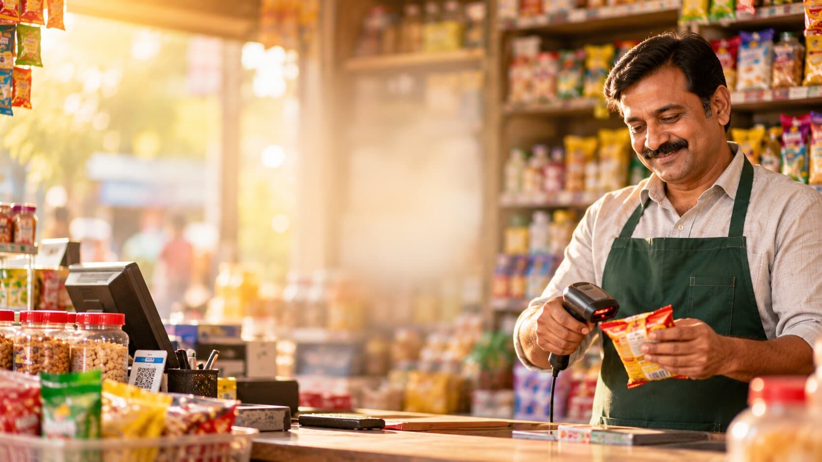 A shop owner scanning a packet at his counter